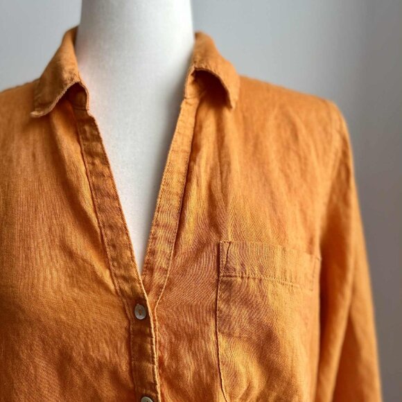 Sigrid Olsen Pumpkin Orange Pure Linen Button-Front Shirt w/ Sleeve Tabs – US M - Picture 13 of 15